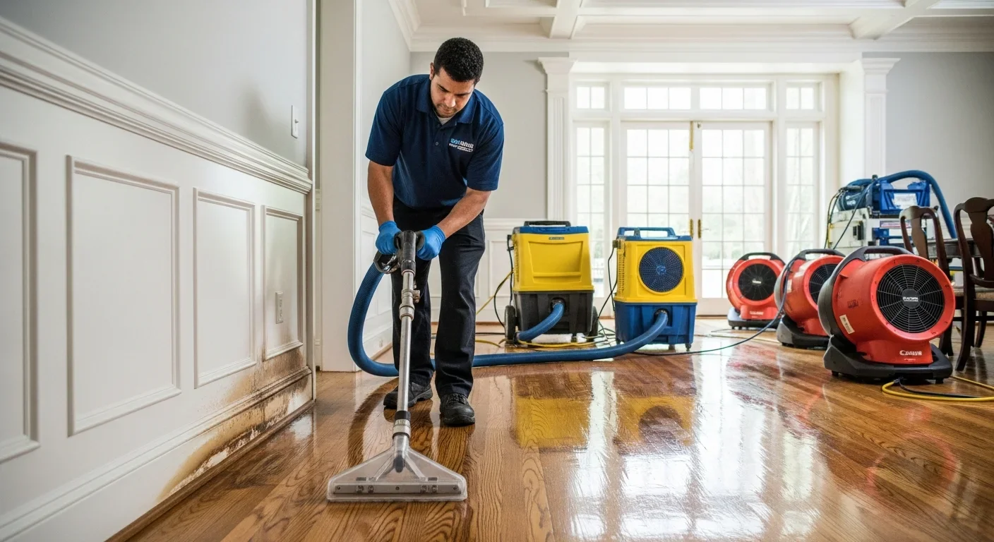 Technician extracting water from a residential hardwood floor