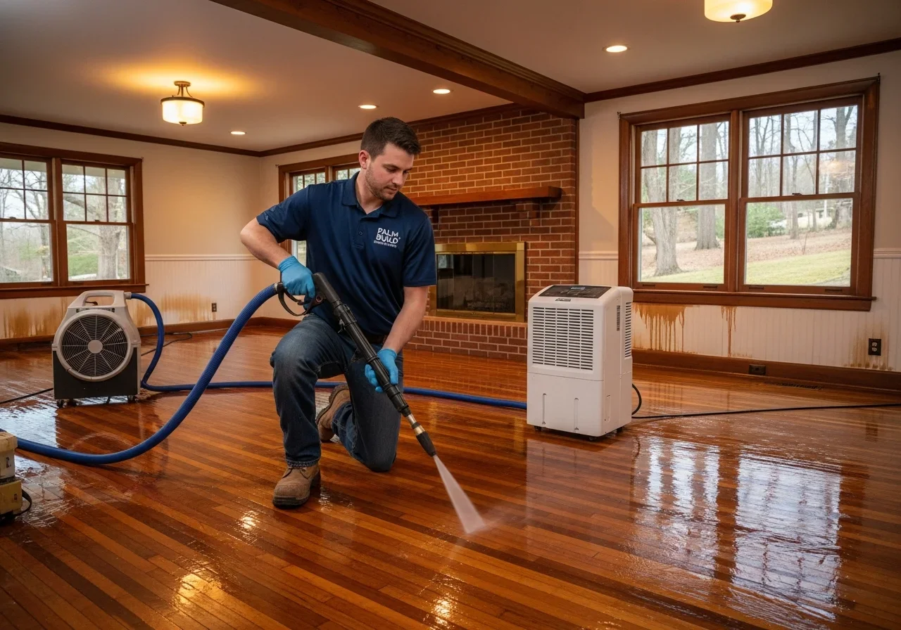 Technician extracting water from an indoor hardwood floor